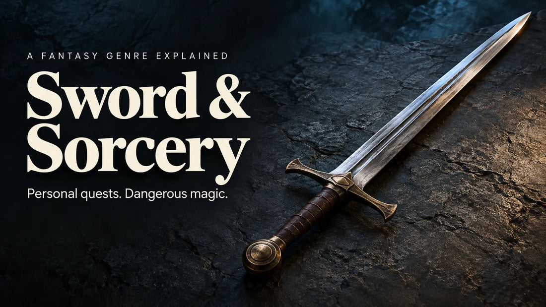 Fantasy broadsword with a leather grip on dark stone.