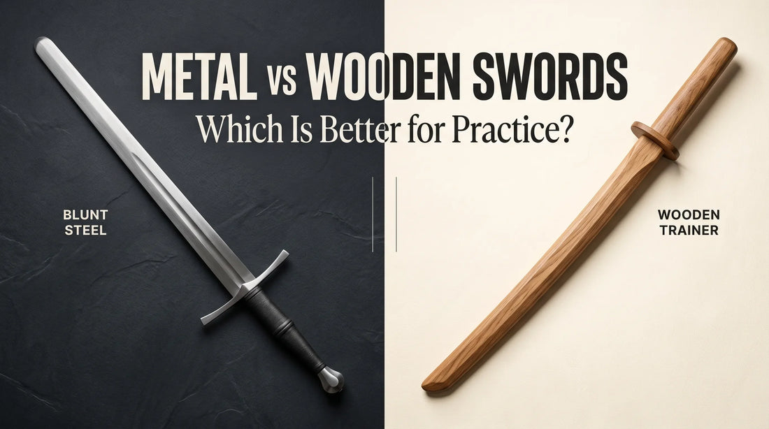 Side-by-side comparison of a blunt steel practice sword and a wooden training sword.