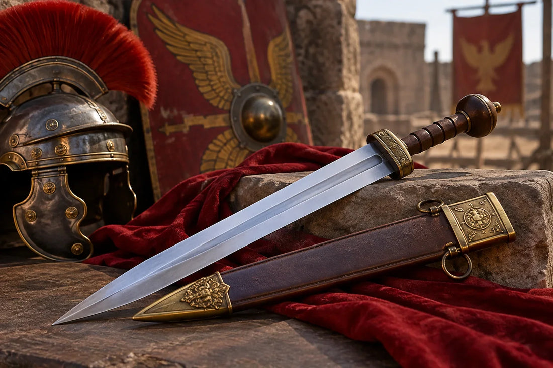 Roman gladius sword with leather scabbard, legionary helmet, and ancient Roman military equipment on display.