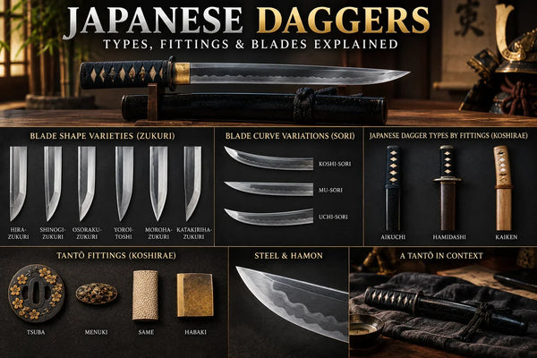 Japanese tantō daggers showing blade shapes, sori curves, aikuchi, hamidashi, kaiken fittings, tsuba, menuki, habaki, steel, and hamon details.