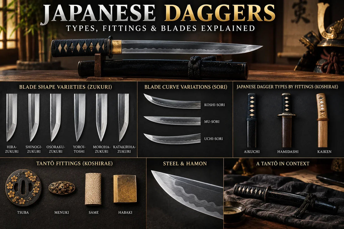 Japanese tantō daggers showing blade shapes, sori curves, aikuchi, hamidashi, kaiken fittings, tsuba, menuki, habaki, steel, and hamon details.
