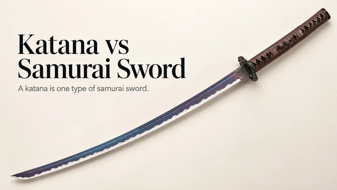 Kraken katana with a purple-toned blade and brown leather-wrapped handle beside the heading Katana vs Samurai Sword.