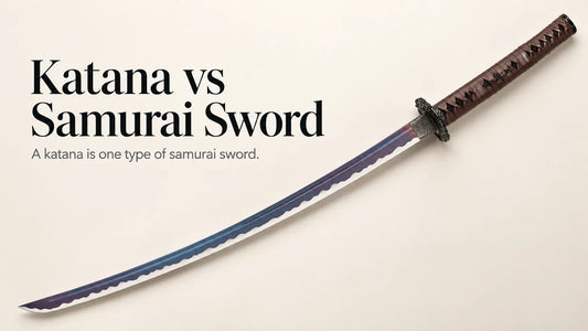 Kraken katana with a purple-toned blade and brown leather-wrapped handle beside the heading Katana vs Samurai Sword.