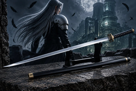 Sephiroth’s Masamune sword displayed with its scabbard against a Final Fantasy-inspired background.