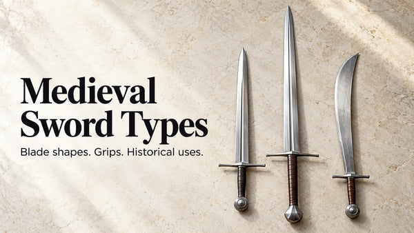 Arming sword, longsword and falchion on a pale stone background.