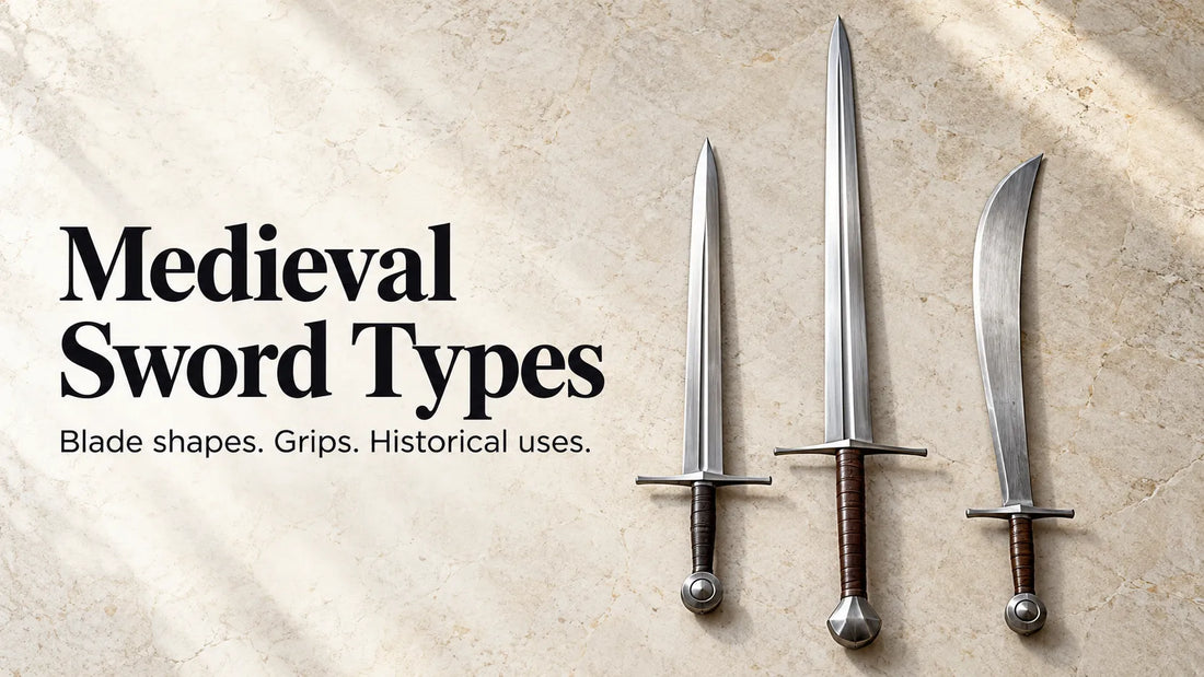 Arming sword, longsword and falchion on a pale stone background.