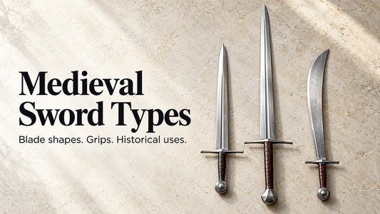 Arming sword, longsword and falchion on a pale stone background.