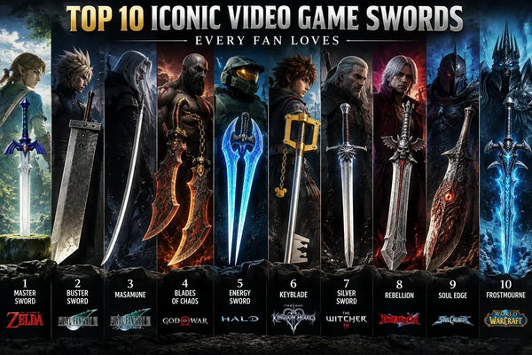 Ten iconic video game swords including the Master Sword, Buster Sword, Masamune, Energy Sword, Keyblade, Soul Edge, and Frostmourne.
