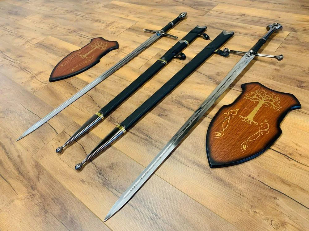 Collection of iconic movie swords with fantasy designs and legendary film-inspired blades on display.