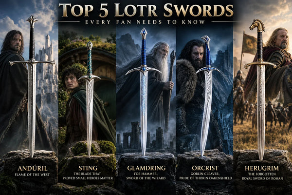 Five iconic Lord of the Rings swords—Andúril, Sting, Glamdring, Orcrist, and Herugrim—displayed with Middle-earth-inspired character backgrounds.