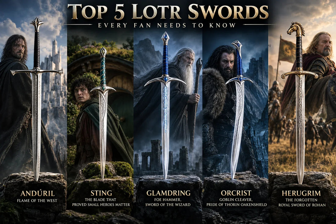 Five iconic Lord of the Rings swords—Andúril, Sting, Glamdring, Orcrist, and Herugrim—displayed with Middle-earth-inspired character backgrounds.