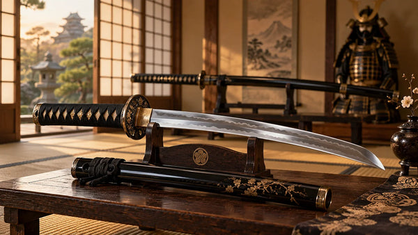 Traditional Japanese wakizashi short sword displayed with its scabbard in a samurai room, with a katana and armor in the background.