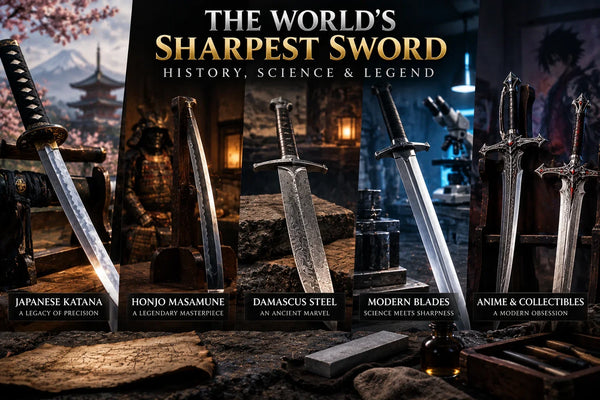Japanese katana, Honjo Masamune, Damascus steel sword, modern blade, and fantasy swords illustrating the history and science of the world’s sharpest swords.