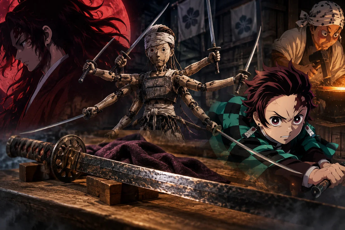 Yoriichi Type Zero training doll with six swords, Tanjiro, an ancient 300-year-old Nichirin sword, and a swordsmith forging in the Swordsmith Village.