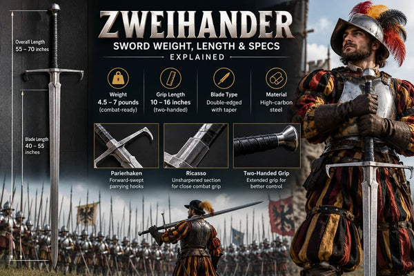 Zweihander sword with historical weight, length, blade, ricasso, Parierhaken, and two-handed grip details beside a Landsknecht soldier.