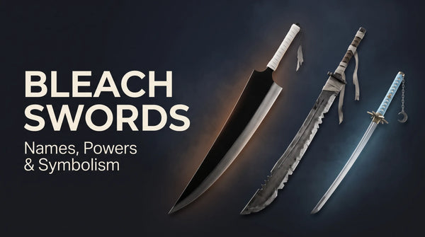 Three Bleach sword replicas displayed on a dark background for a guide to their names, powers and symbolism.
