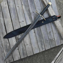 Hand-Forged Damascus Viking Long Sword with Leather Sheath