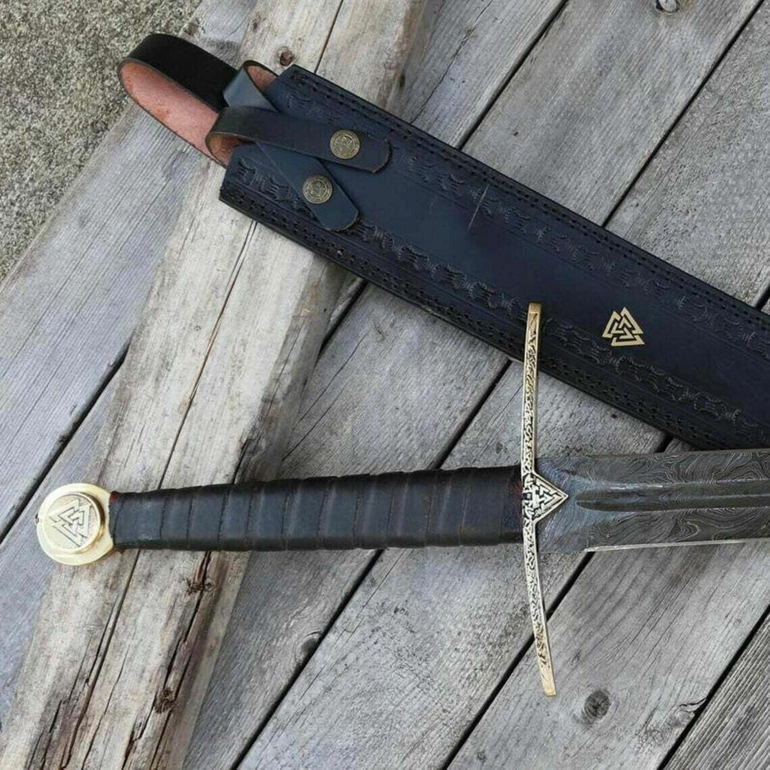 Hand-Forged Damascus Viking Long Sword with Leather Sheath