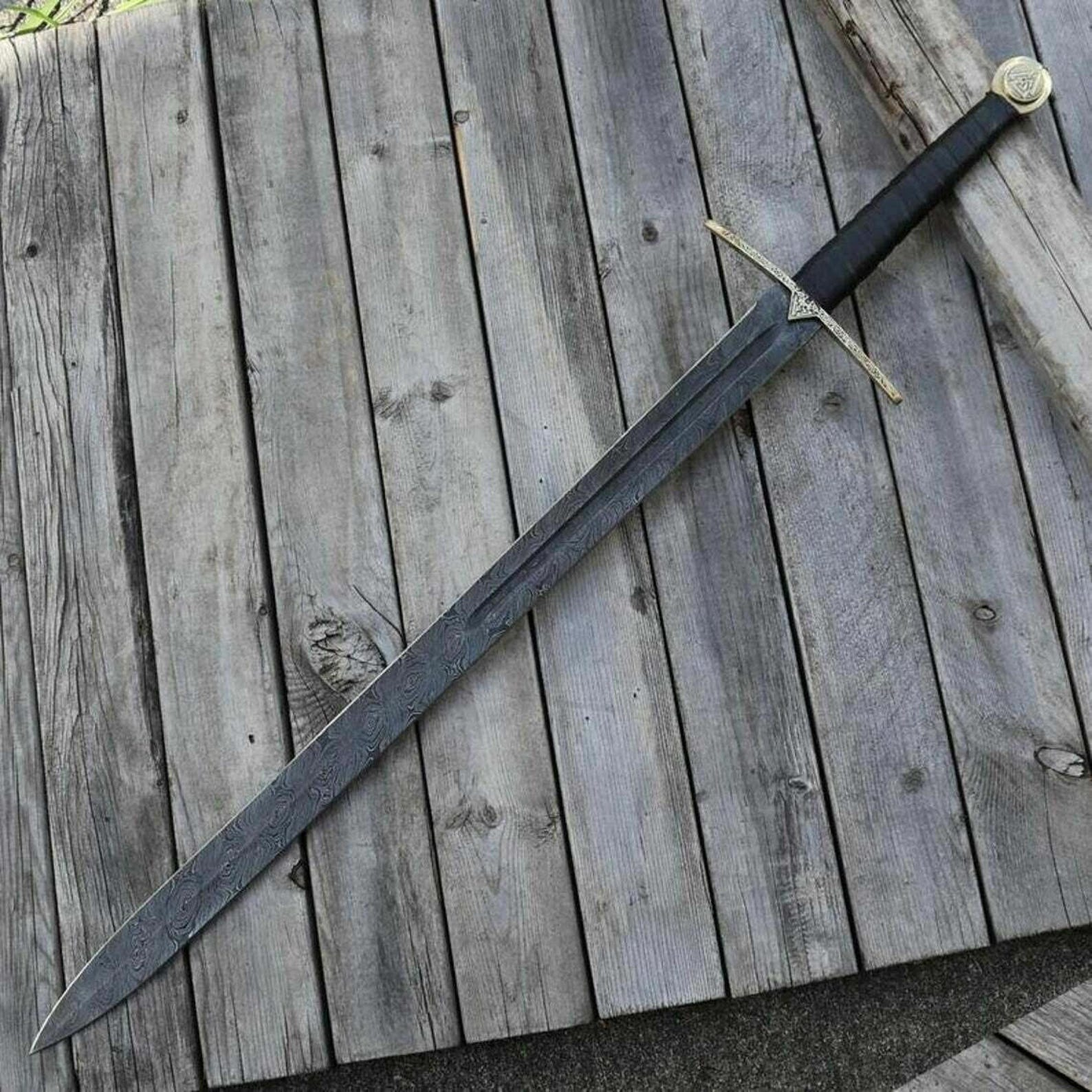 Hand-Forged Damascus Viking Long Sword with Leather Sheath
