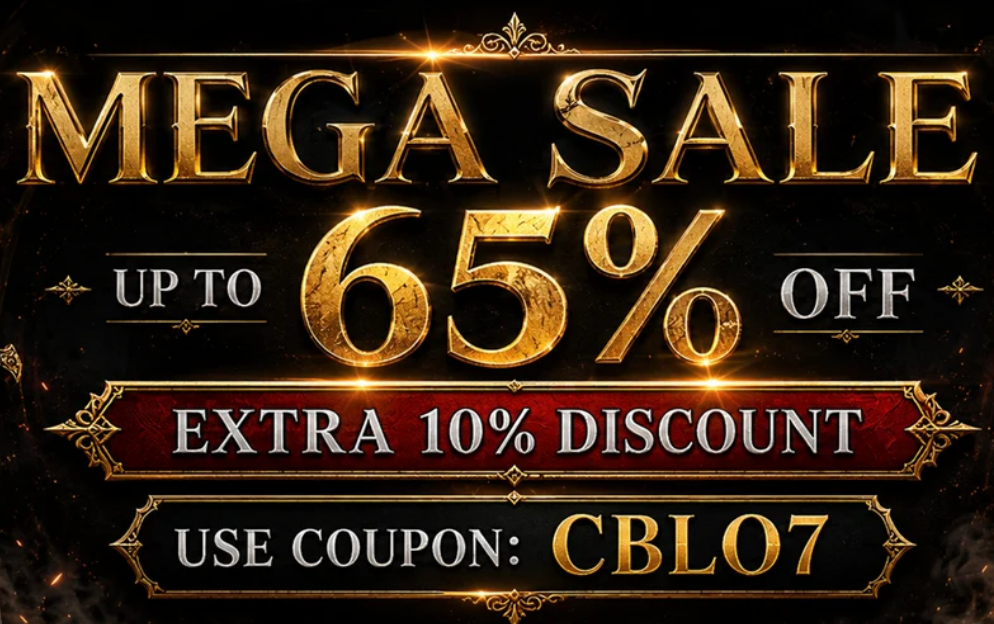 Promotional sale graphic with large gold text reading 'MEGA SALE', 'UP TO 65% OFF', 'EXTRA 10% DISCOUNT', and 'USE COUPON: CBL07' on a dark ornate background.