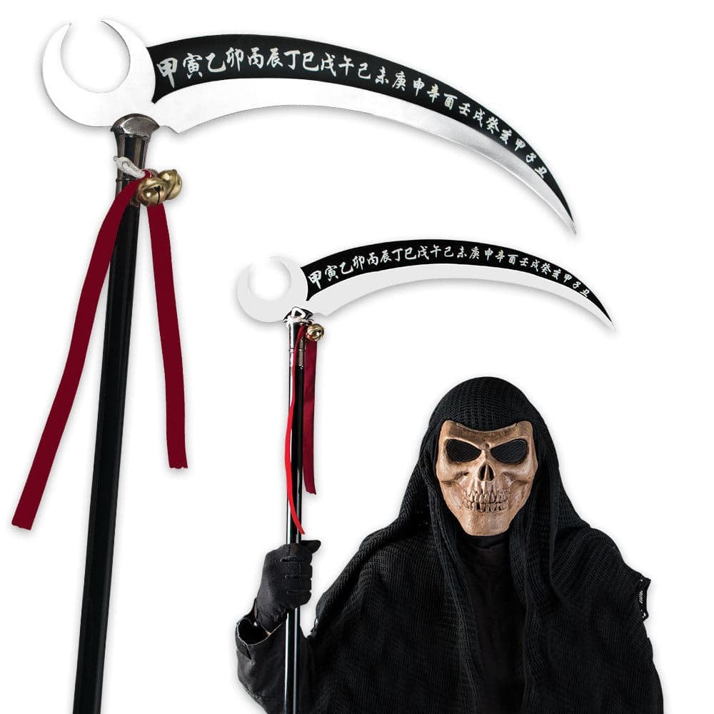 Two scythes with red ribbons and black handles, one held by a person in a black hooded outfit with a skull mask.