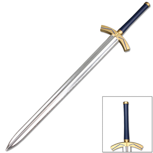 A fantasy-style sword with a long silver blade, a dark navy blue grip, and gold-colored guard and pommel, shown on a plain white background with a small inset close-up of the hilt.